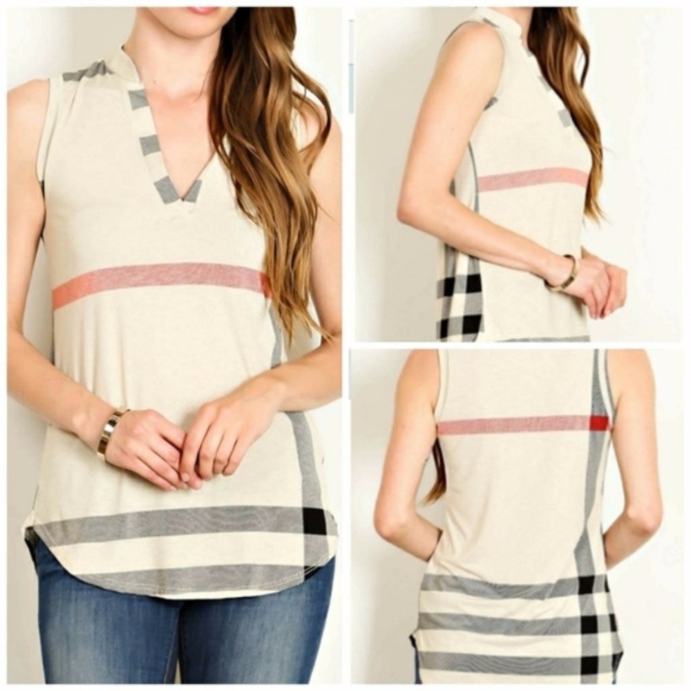 Plaid Sleeveless Beige Blouse NWT